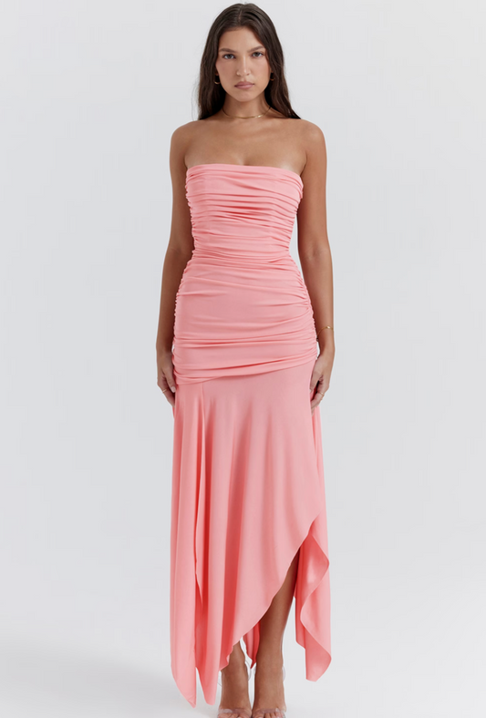 IVANA GATHERED ASYM DRESS APRICOT