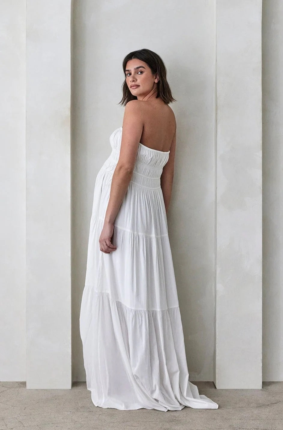 SHIRRED STRAPLESS GOWN- need info