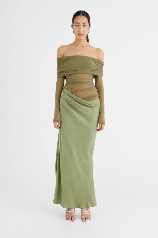 YASMIN OFF SHOULDER MAXI PISTACHIO- need info