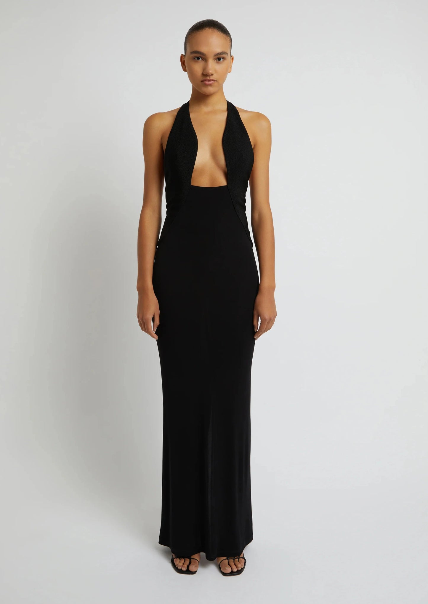 TAILORED SLOPED HALTER DRESS BLACK