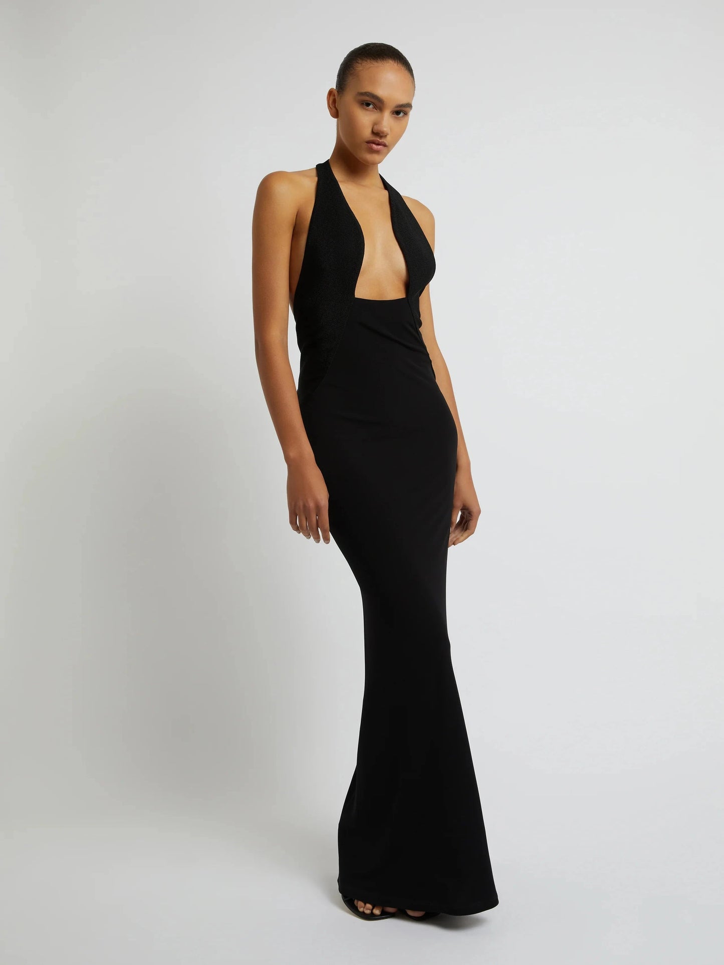 TAILORED SLOPED HALTER DRESS BLACK