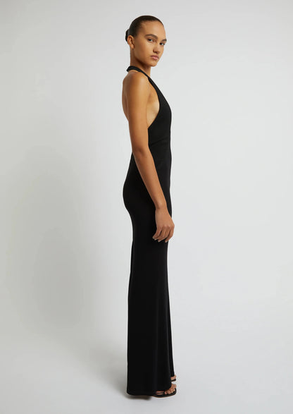 TAILORED SLOPED HALTER DRESS BLACK